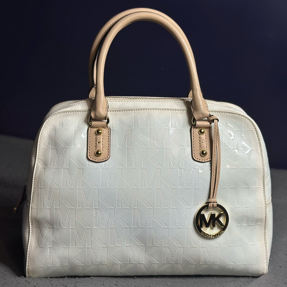 Michael Kors White/Milk Large Satchel with Tan Handles & Gold MK Charm